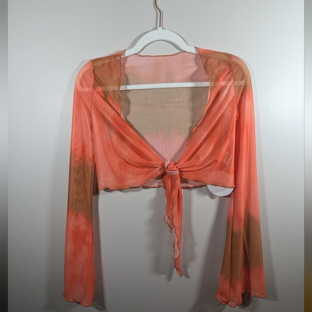 Sheer tie up crop with bell sleeves